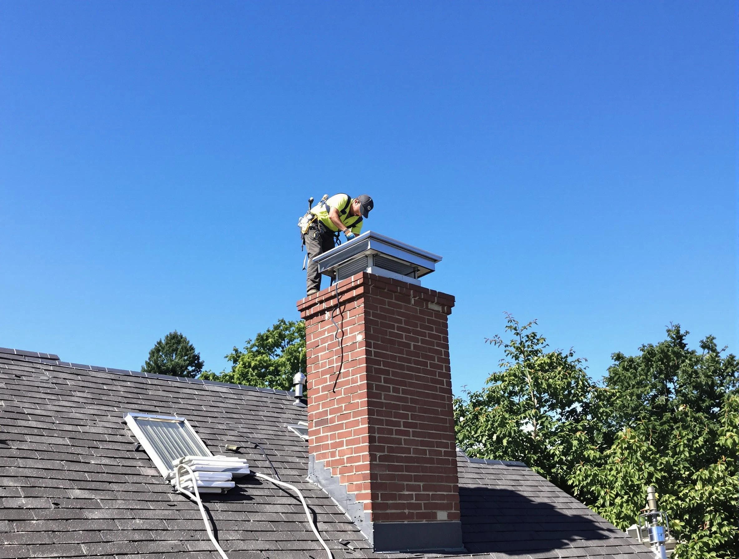 Homeacre-Lyndora Chimney Sweep technician measuring a chimney cap in Homeacre-Lyndora, PA
